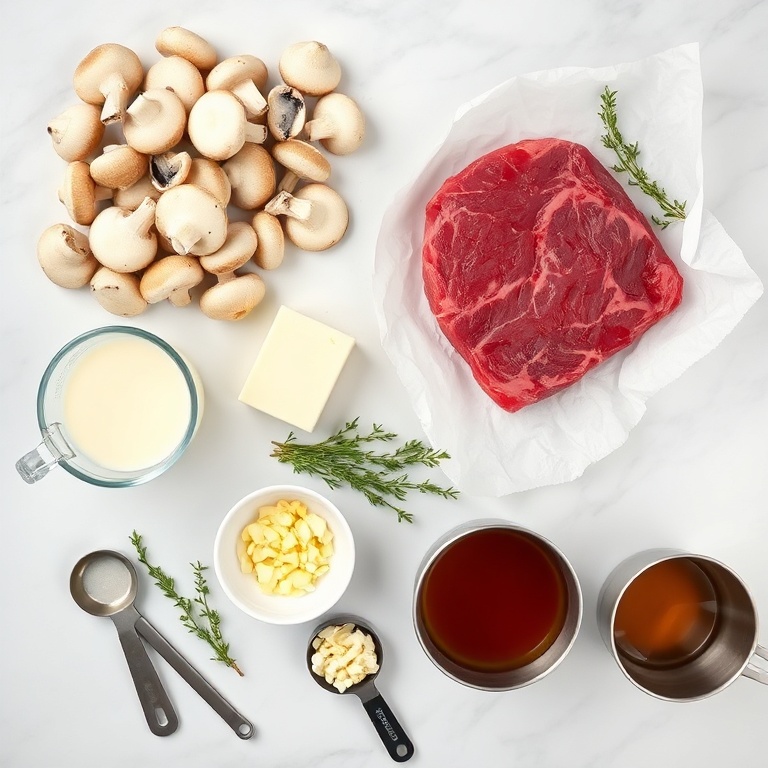 Overhead flat lay showing sliced mushrooms, heavy cream, butter, steak, and fresh thyme in prep bowls with measuring spoons. Bright natural light on marble.