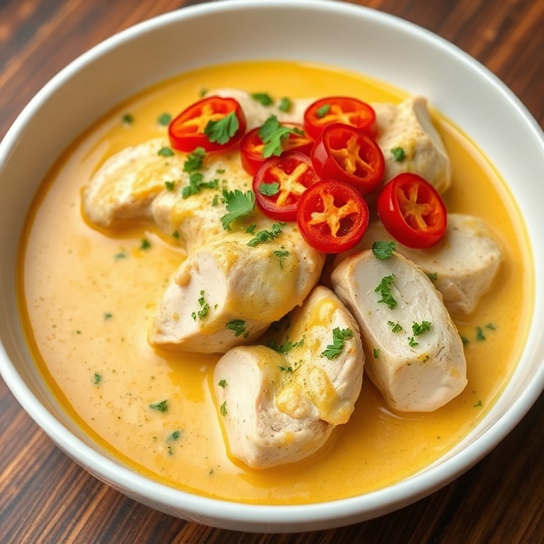 A single serving of creamy pepperoncini chicken garnished with extra sliced pepperoncini and parsley in a shallow white bowl, sauce pooling around chicken.