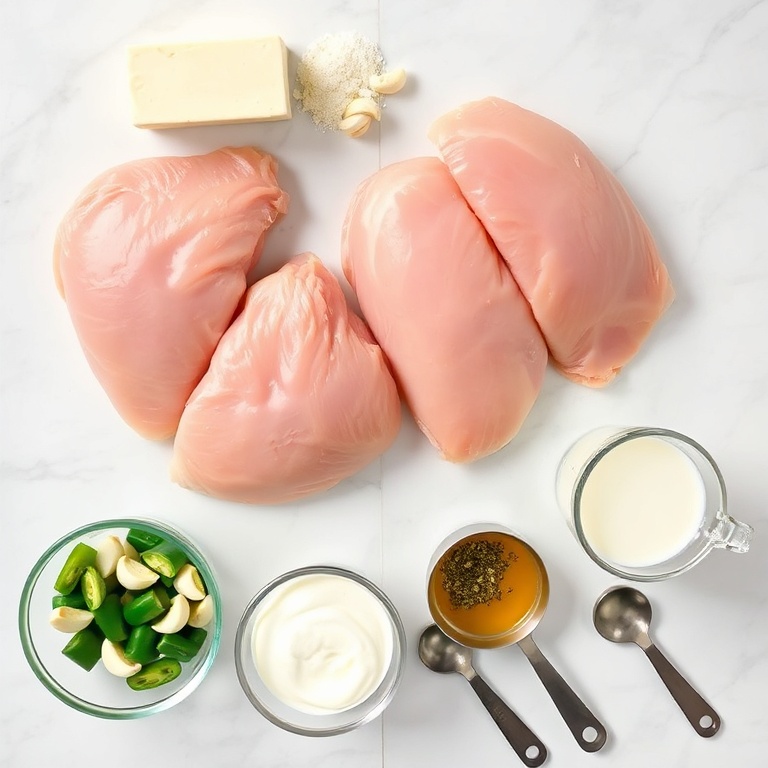 Raw chicken breasts, jarred pepperoncini, block of cream cheese, garlic cloves, heavy cream, all arranged overhead on marble with prep bowls.