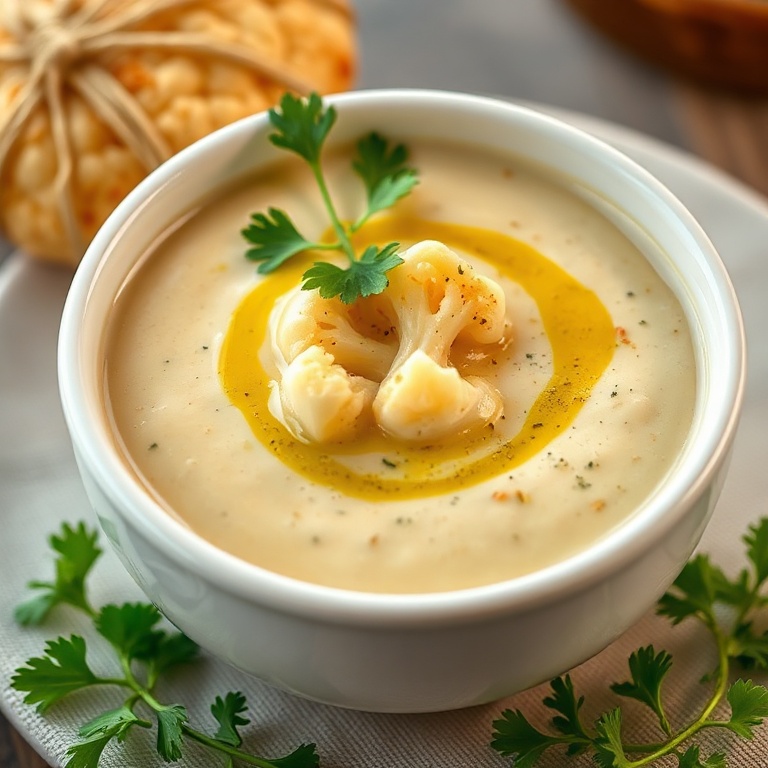 Serving of creamy roasted cauliflower soup in a white ceramic bowl. Topped with fresh parsley and a drizzle of olive oil.