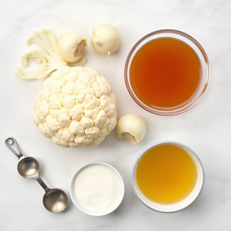 Raw cauliflower, onion, garlic, vegetable broth, and heavy cream arranged in a flat lay. Measuring spoons and bowls nearby.