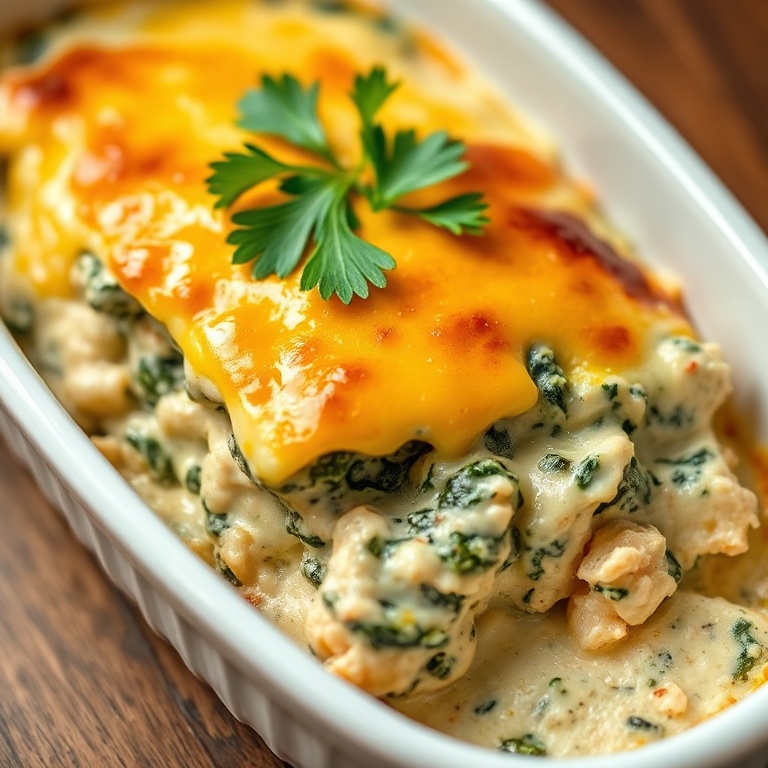 A perfectly plated creamy spinach chicken casserole with fresh parsley on top, served in a white dish.