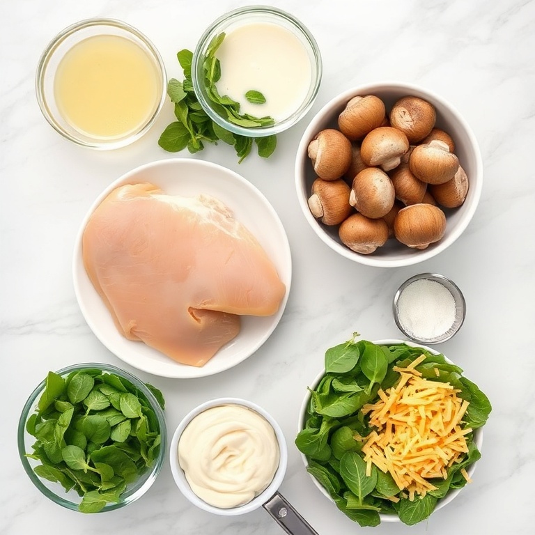 Raw ingredients for easy creamy spinach chicken casserole: chicken breast, spinach, cream of mushroom soup, cheese, and flour.
