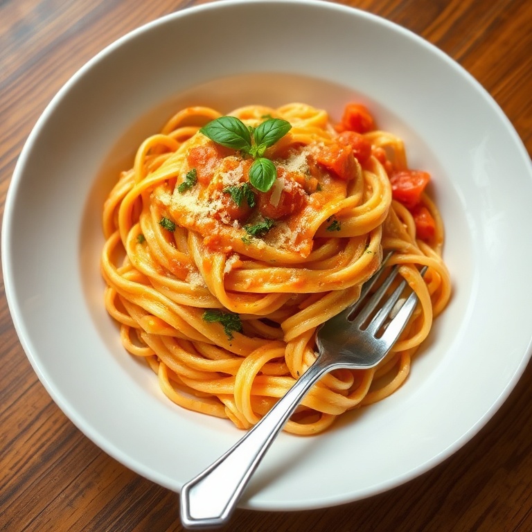 Single serving of creamy tomato garlic pasta garnished with chopped basil in a shallow white bowl, showing velvety sauce.