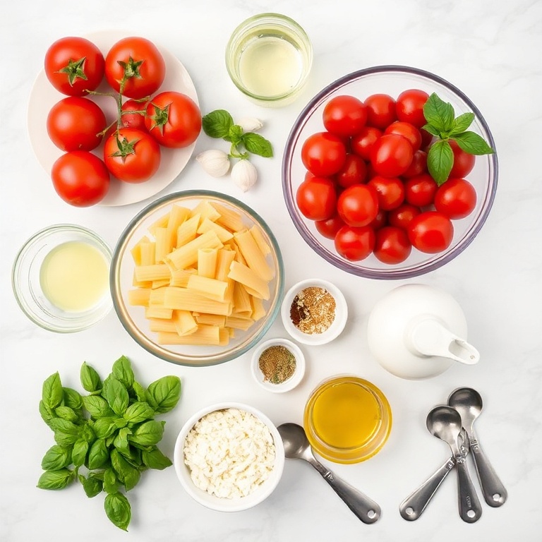 Overhead of raw ingredients for creamy tomato garlic pasta showing tomatoes, garlic cloves, pasta, fresh basil, and heavy cream in prep bowls.