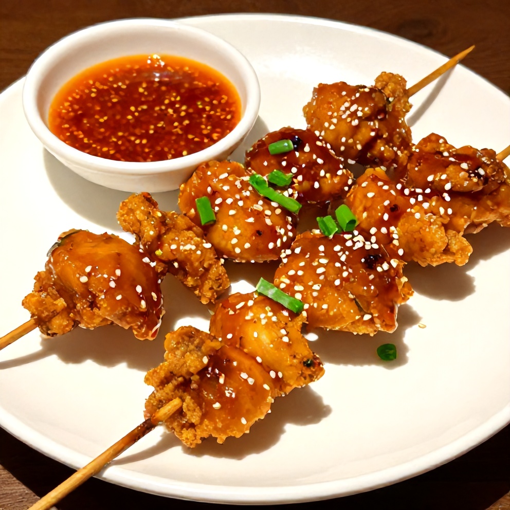Plated bang bang chicken skewers with a side of spicy dipping sauce