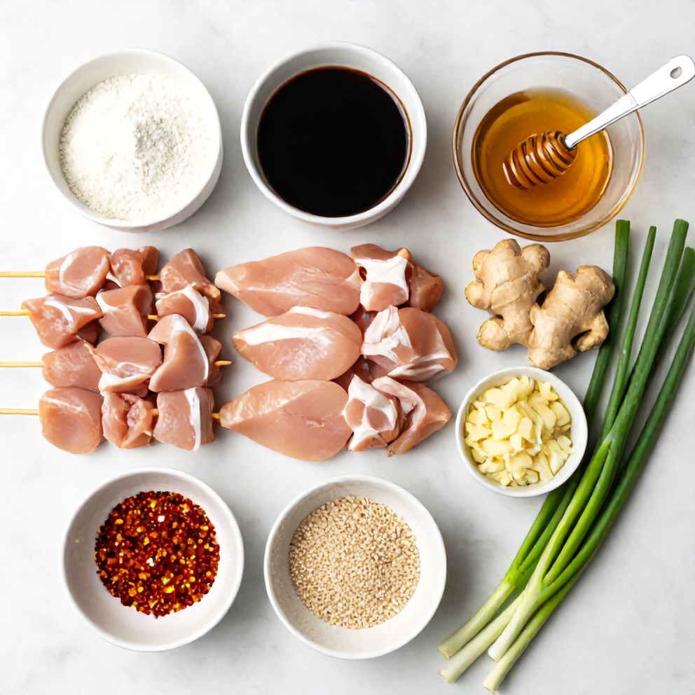 Raw ingredients for bang bang chicken skewers on a marble surface