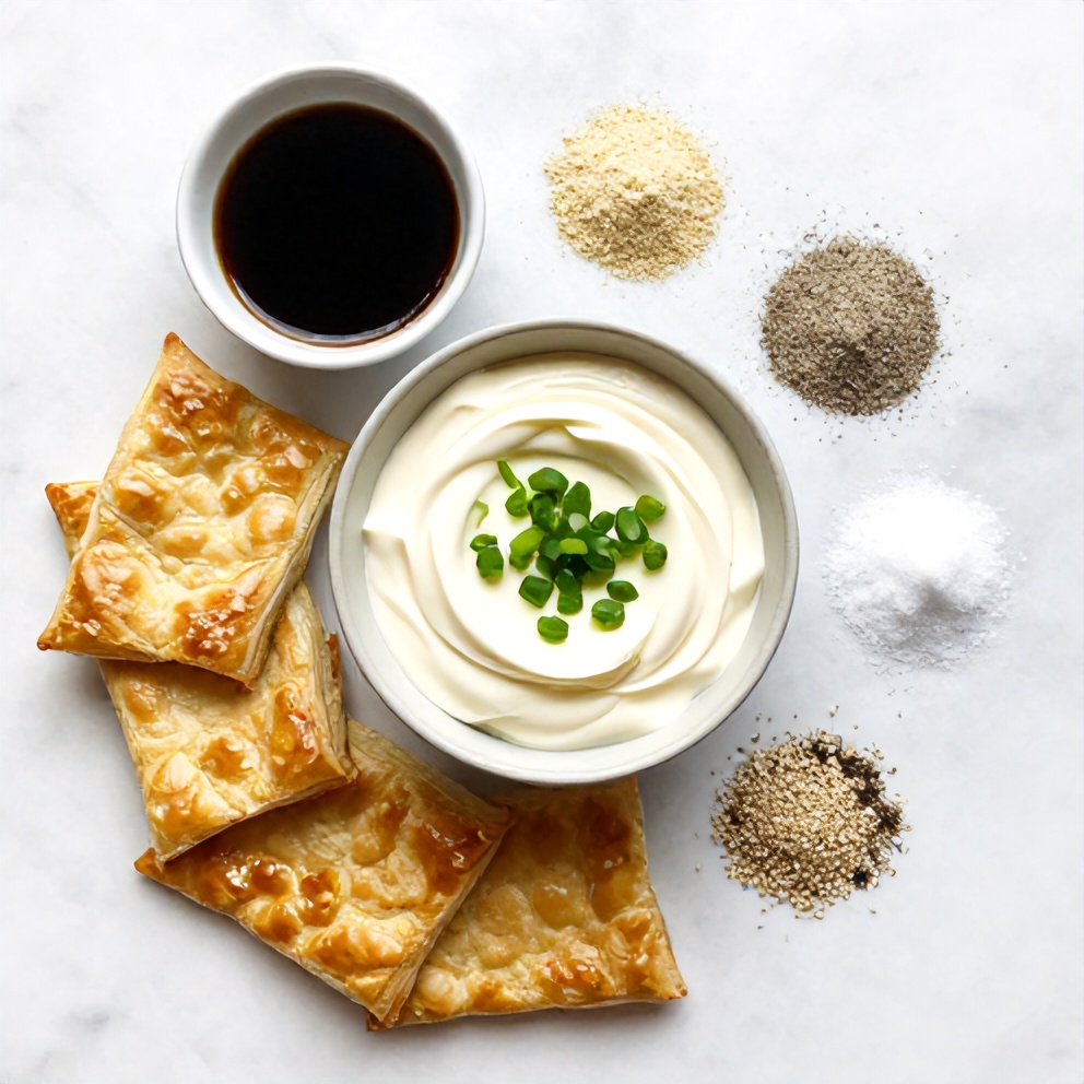 Raw ingredients for Crab Rangoon Pinwheels on a marble surface