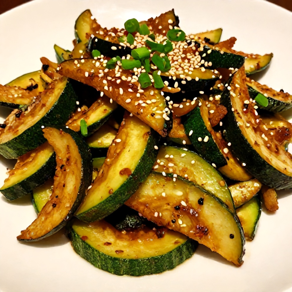 Crispy Hibachi Zucchini Stir Fry plated on a white plate