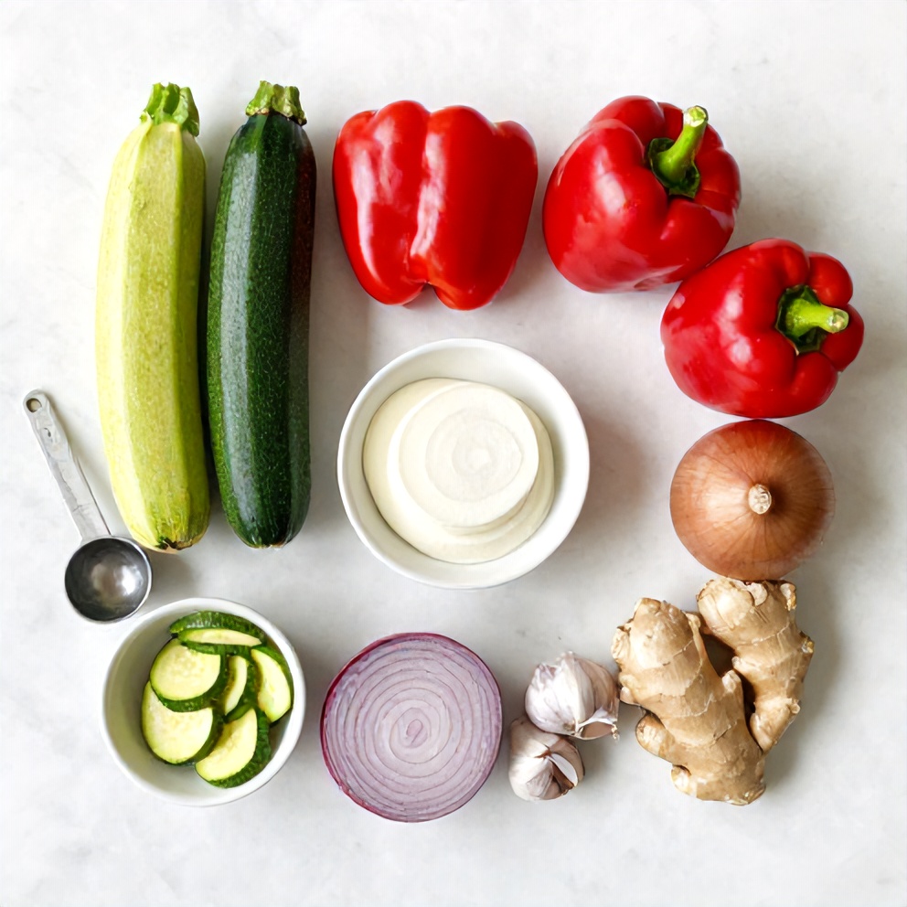 Raw ingredients for Hibachi Zucchini Stir Fry on a white marble surface