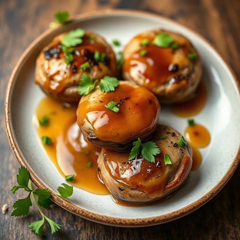 Plated mushrooms with a drizzle of honey soy sauce and fresh herbs