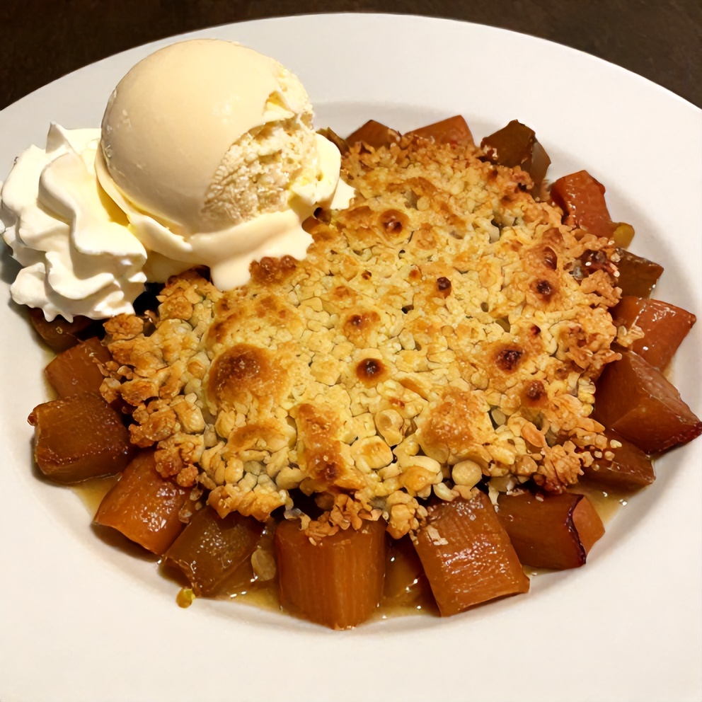 Perfectly Plated Rhubarb Crisp with Vanilla Ice Cream