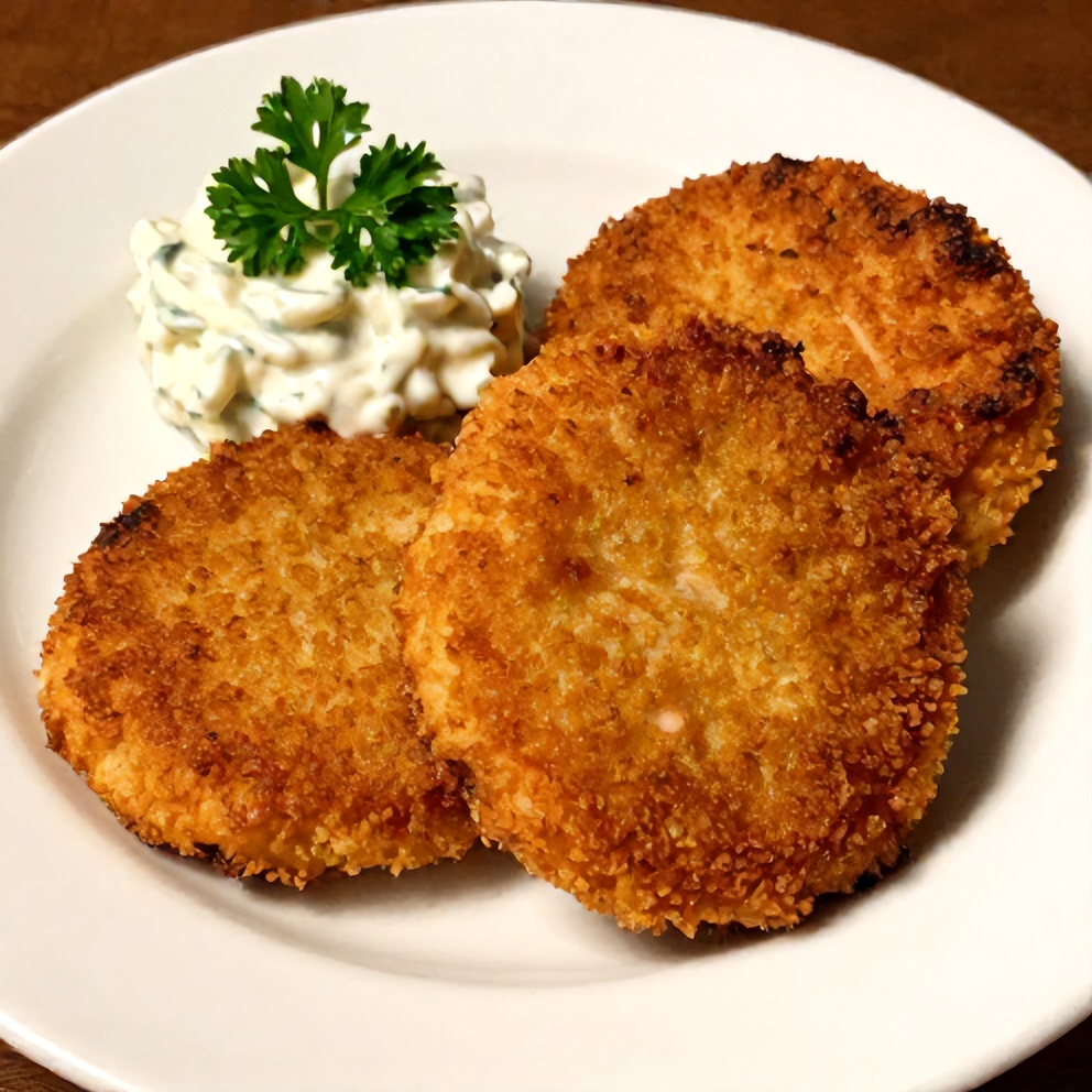 Plated salmon cakes with tartar sauce and lemon