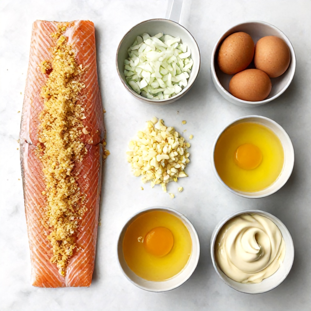 Raw salmon, breadcrumbs, eggs, onions, and seasonings laid out