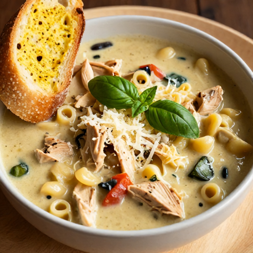 Bowl of Creamy Chicken Parmesan Soup with a side of garlic bread