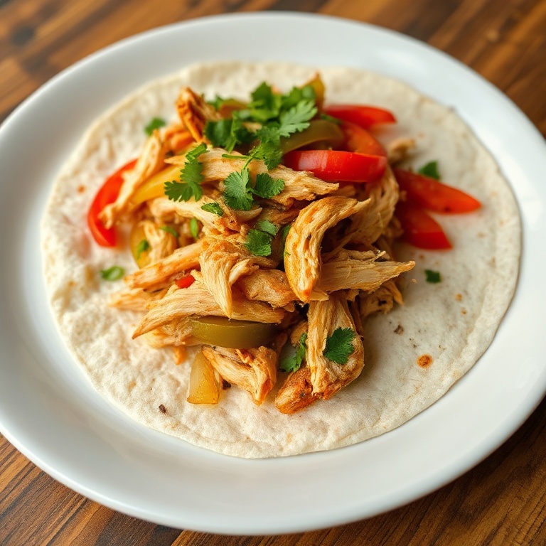 One serving of crockpot chicken fajitas with peppers, onions, fresh cilantro on a white plate, tortilla folded, juicy texture in warm side lighting.