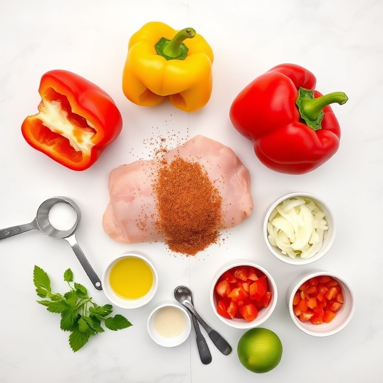 Raw boneless chicken breasts, sliced bell peppers, yellow onion, taco seasoning, and flour tortillas with bowls and measuring spoons on white marble.