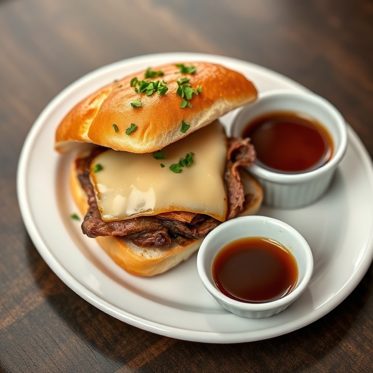 French dip sandwich with tender beef and melted cheese on a toasted hoagie roll, fresh parsley garnish, au jus cup nearby. Plated on a white oval plate.