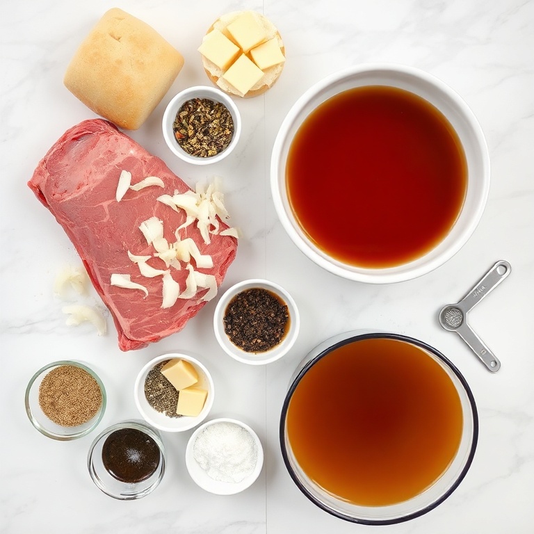 Overhead view of raw chuck roast, hoagie rolls, provolone cheese slices, fresh onions, and beef broth. Small bowls of seasonings and sauces surround the main ingredients.