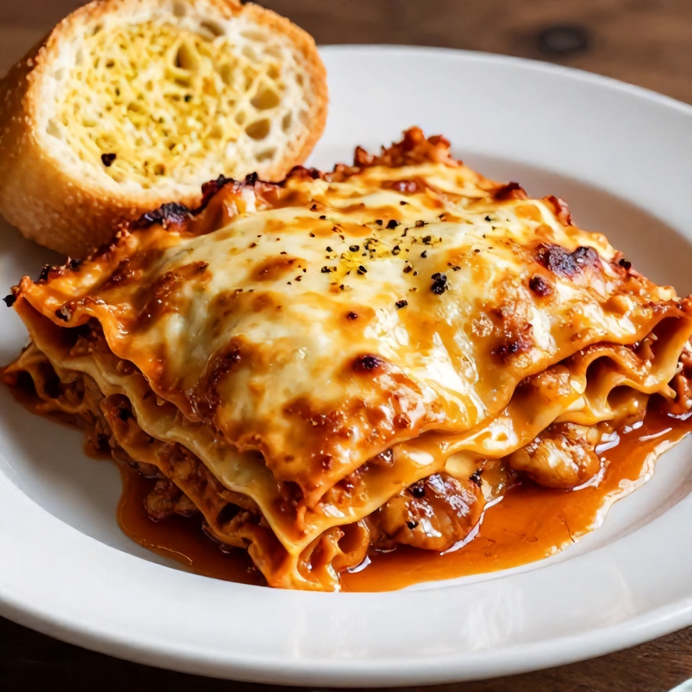 Plated serving of Crockpot Lasagna with garlic bread