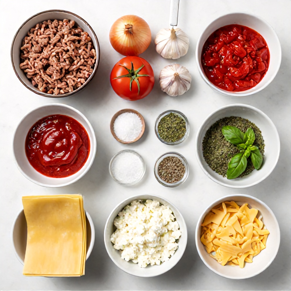 Raw ingredients for Crockpot Lasagna arranged in a flat lay