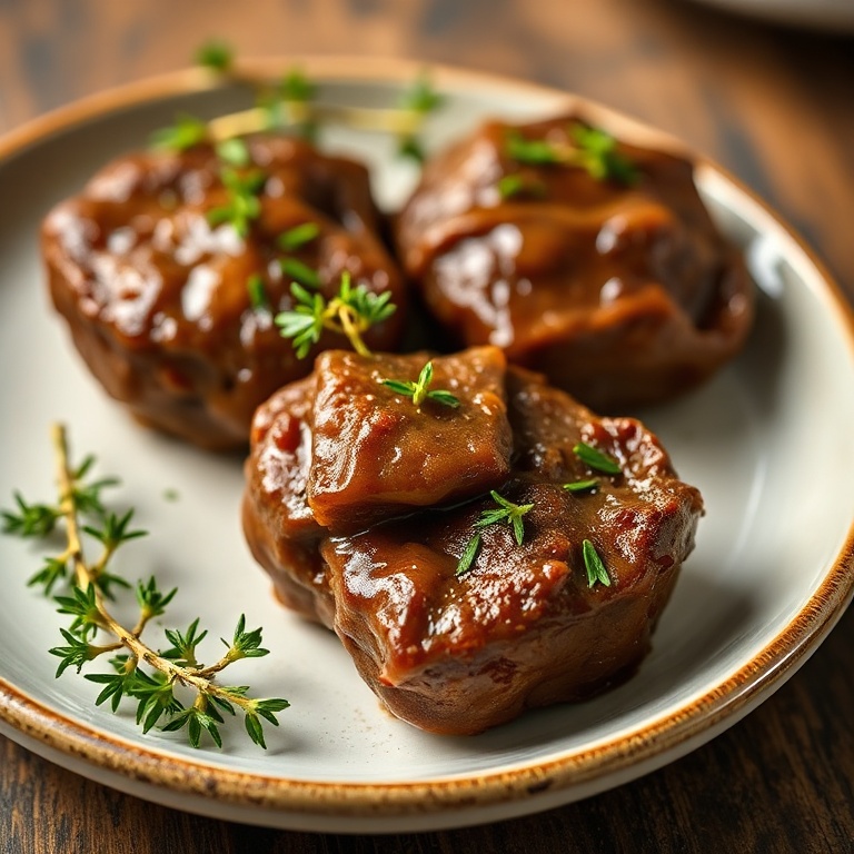 Perfectly plated crockpot steak bites. Garnished with fresh thyme. Close crop. Warm side lighting.