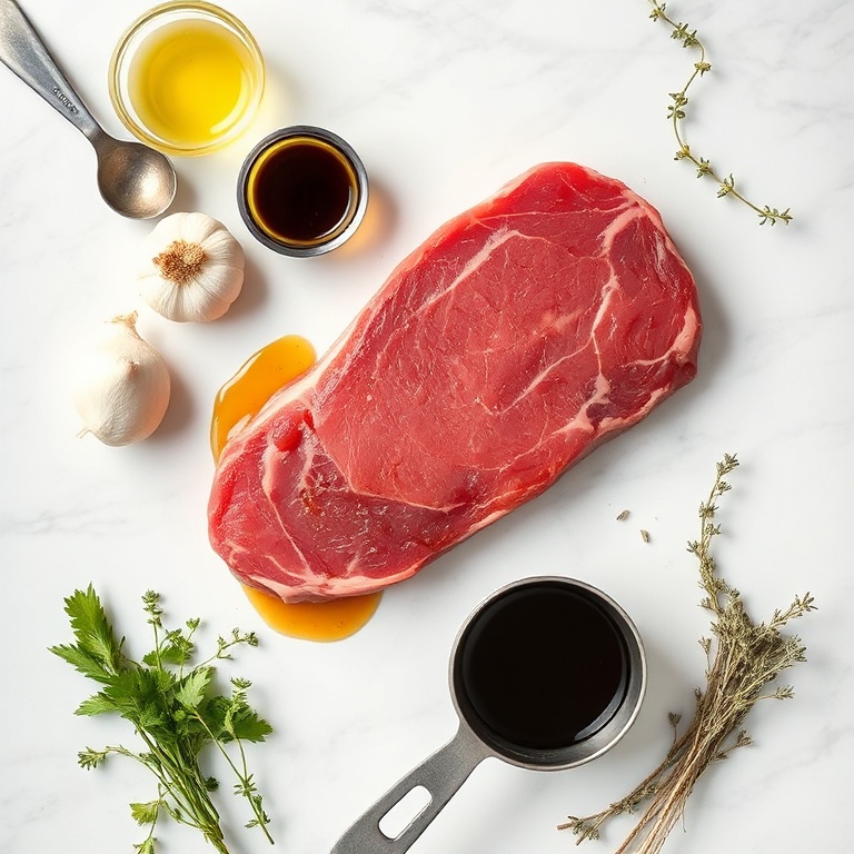 Raw steak, garlic, balsamic vinegar, olive oil, and thyme. Overhead flat lay. Measuring spoons and bowls visible. Bright natural light.