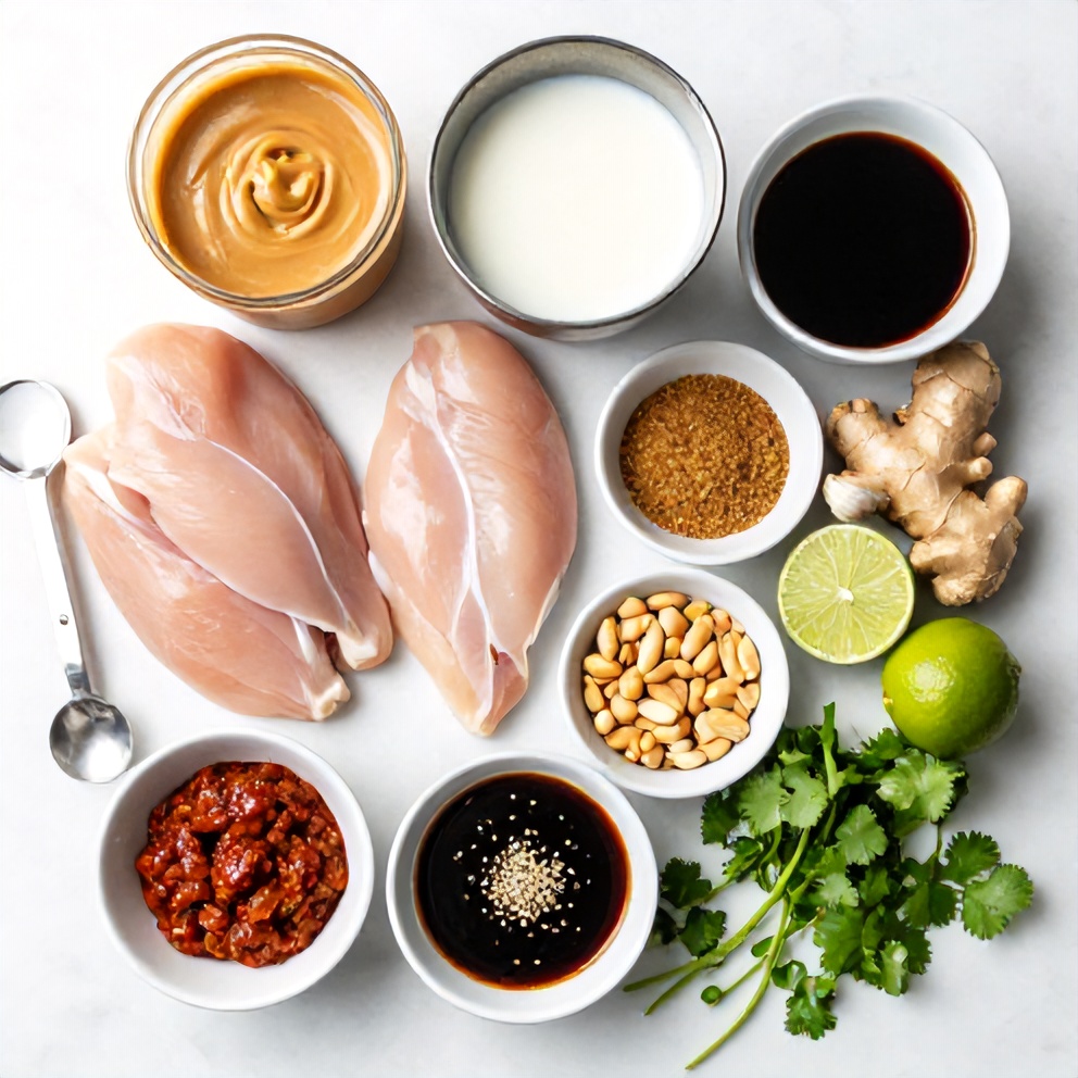 Thai Peanut Chicken ingredients on a marble surface