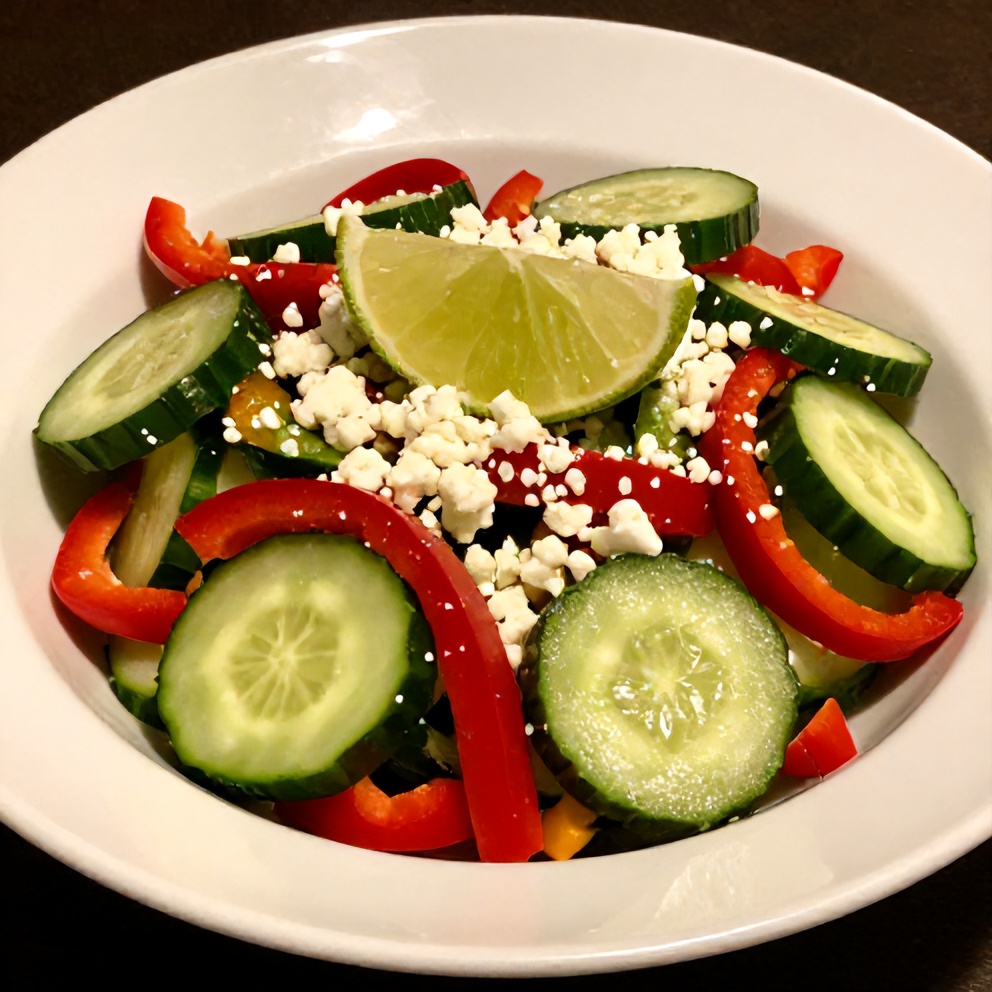 Cucumber Sweet Pepper Salad served in a bowl with a lime wedge