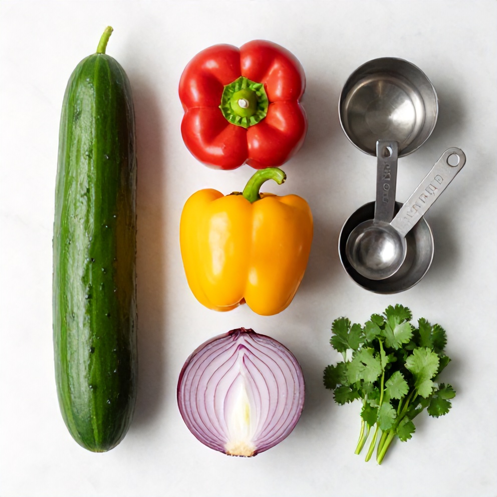 Cucumber, sweet peppers, red onion, cilantro, and lime on a white marble surface