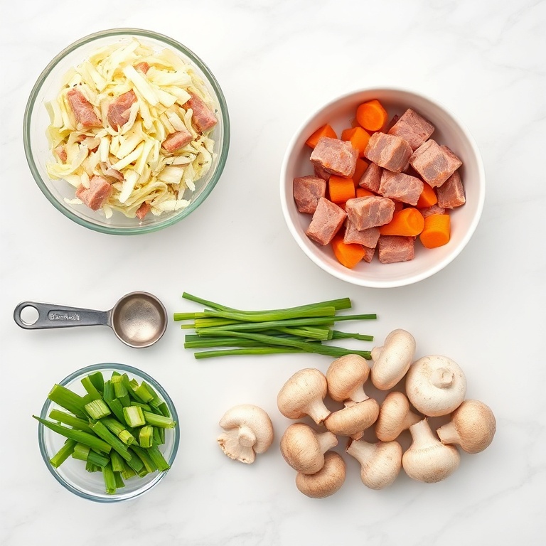 A flat lay of all raw ingredients: ground pork, cabbage, carrots, green onions, mushrooms, and egg roll wrappers. Measuring spoons and bowls add context to the preparation.