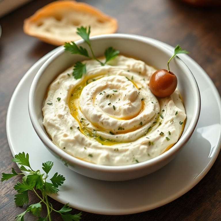 Perfect plated serving of feta and green olive dip in a white ceramic bowl. Garnished with fresh parsley and a green olive. Warm side lighting. Photorealistic food photography. No text. No watermark.