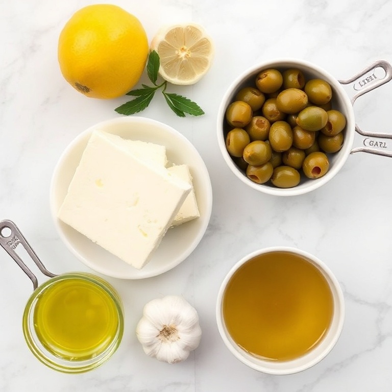 Raw ingredients for feta and green olive dip. Feta cheese, green olives, lemon, garlic, olive oil. Measuring spoons and bowls visible. White marble surface. Bright even light. Photorealistic overhead food photography. No text. No watermark.