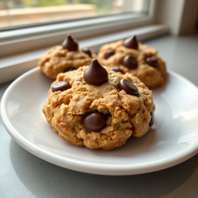 One serving of flourless peanut butter banana cookies on a small white dessert plate, dotted with warm melted chocolate chips, close crop showing cookie texture.