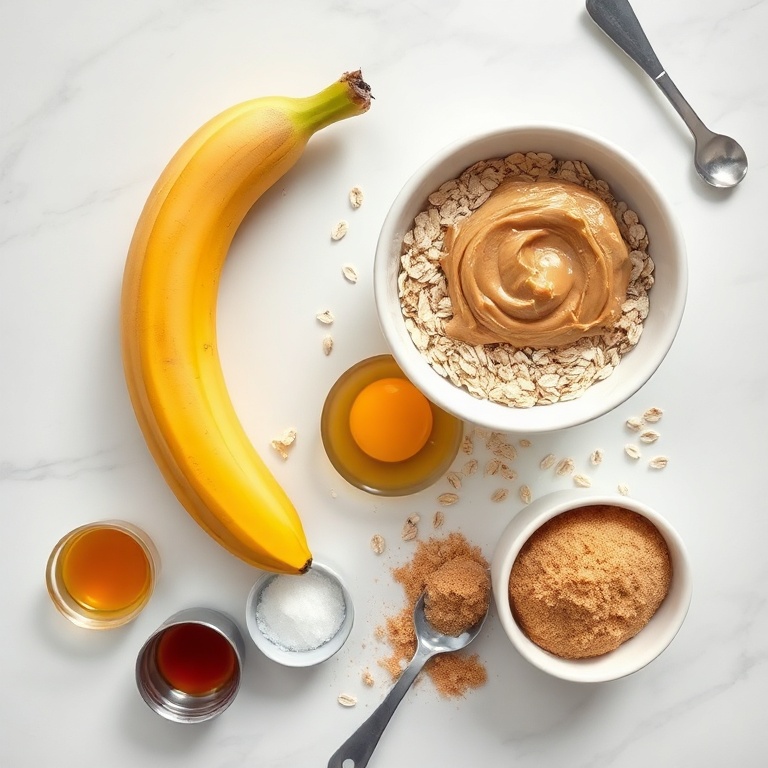 Overhead flat lay with ripe bananas, creamy peanut butter, rolled oats, eggs, and vanilla extract in prep bowls on a white marble surface, measuring spoons visible.