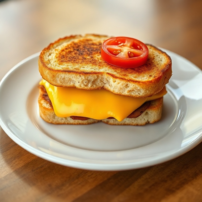 A delicious breakfast sandwich with crispy edges and melty cheese