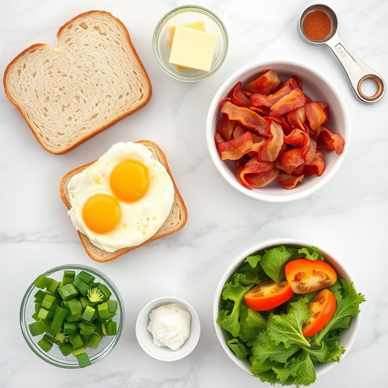 Bread, eggs, cheese, bacon, and vegetables arranged for a breakfast sandwich