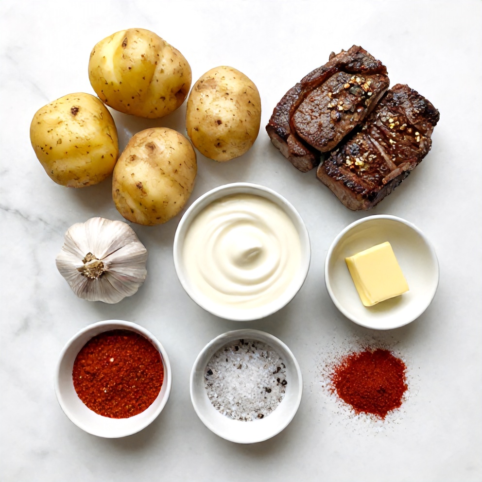 Raw Ingredients for Garlic Butter Steak Bites with Potatoes