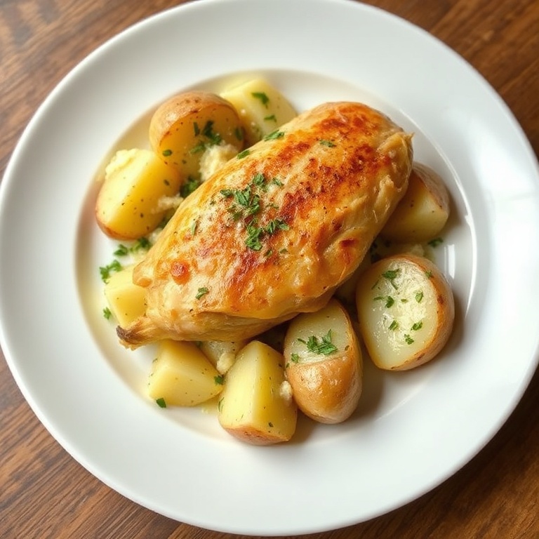 Perfect plated serving of chicken and potatoes with parmesan. Garnished with fresh herbs. White plate with deep sides. Warm light highlights the texture.