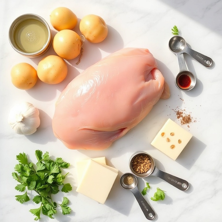 Raw chicken, potatoes, garlic, parmesan cheese, and herbs arranged in a flat lay. Measuring cups and spoons visible. White marble surface. Bright natural light.