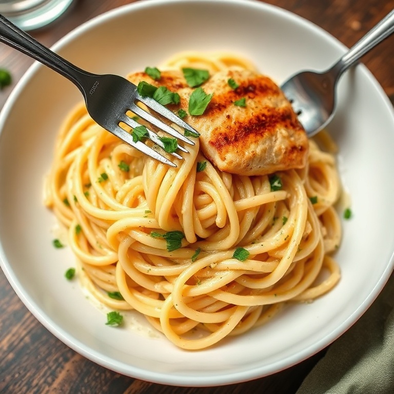 One bowl of easy garlic parmesan chicken pasta garnished with chopped parsley, creamy sauce clinging to noodles, close angle with warm lighting.