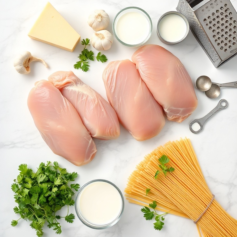 Overhead view of raw chicken breast, parmesan, fresh garlic, spaghetti, and fresh parsley arranged in prep bowls with measuring spoons on white marble.