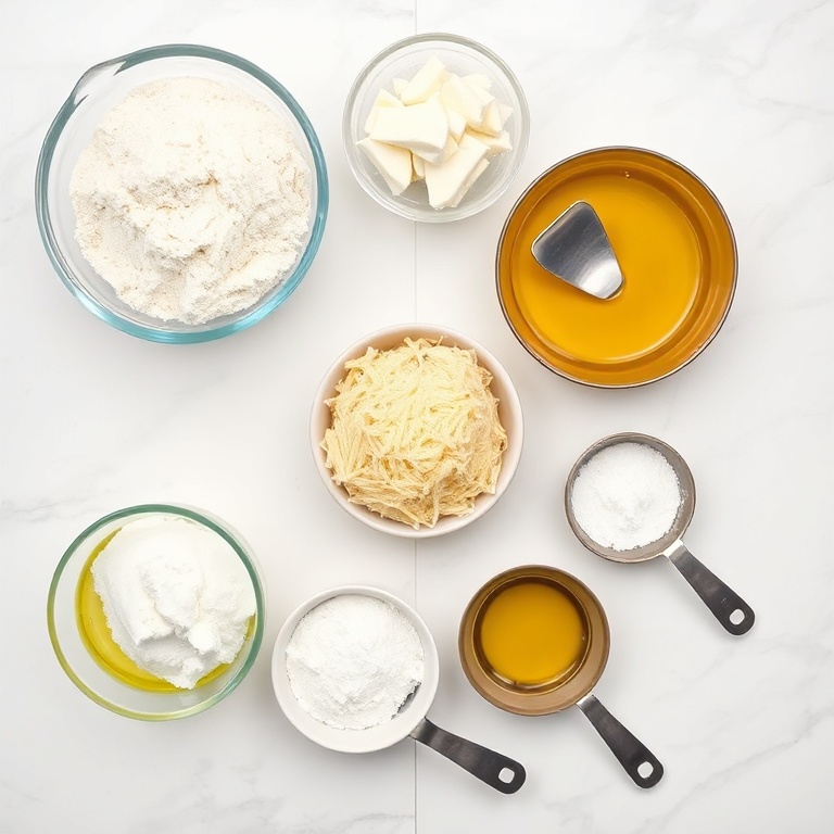 Fresh focaccia ingredients: flour, yeast, garlic, parmesan, olive oil, salt