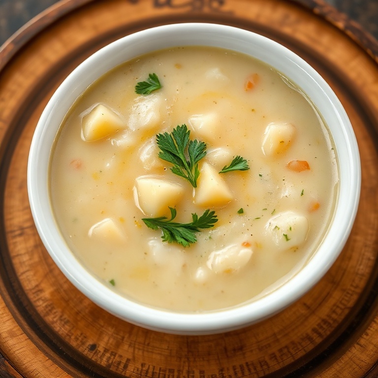 One bowl of creamy garlic potato soup garnished with fresh chopped parsley on a rustic white soup bowl, close crop, steam rising.