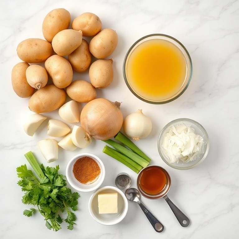 All raw ingredients for garlic potato soup arranged on a white marble surface, with Yukon gold potatoes, garlic cloves, onion, celery, and broth as the most prominent.