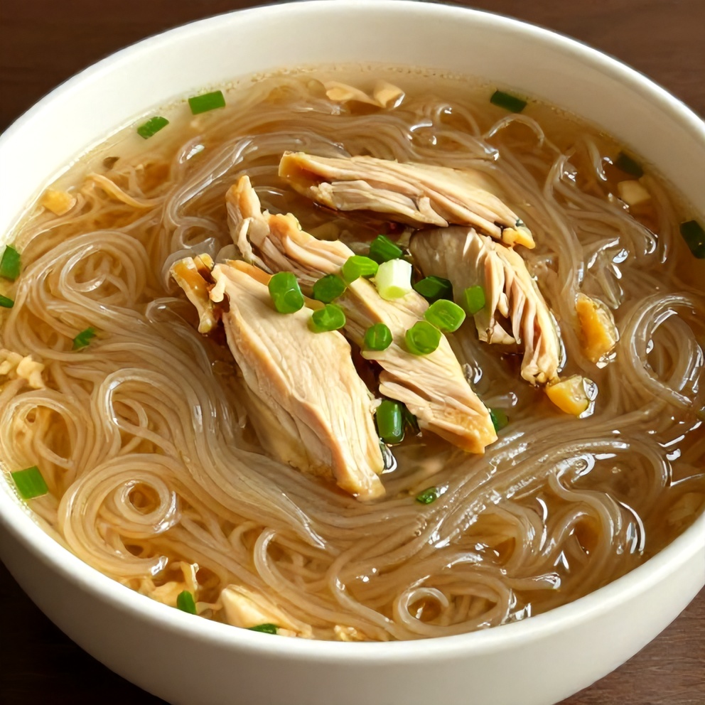 One perfect serving of Ginger Scallion Chicken Noodle Soup on a white bowl, garnished with green onions, close crop with warm side lighting highlighting the texture.