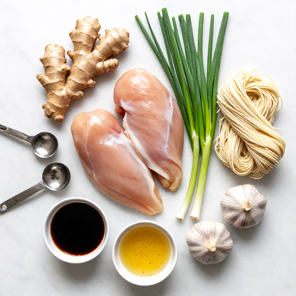 Overhead flat lay of raw ingredients: chicken breasts, ginger, scallions, noodles, garlic, soy sauce, and sesame oil. Measuring spoons and bowls visible on a white marble surface.