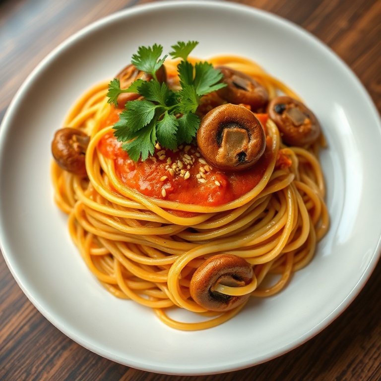 Plated Gochujang Noodles with mushrooms. Fresh cilantro and sesame seeds on top. White ceramic plate. Warm side lighting. Close crop. Photorealistic food photography.