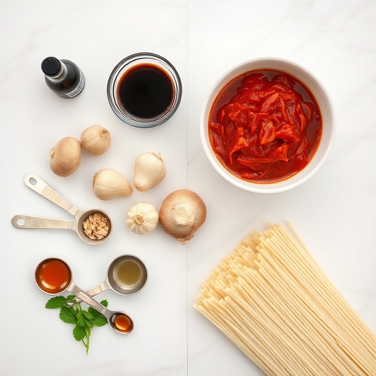 Raw ingredients for Gochujang Noodles. Soy sauce, gochujang, mushrooms, garlic, and noodles arranged in an overhead flat lay. Measuring spoons, bowls, and a white marble surface. Bright even light. No text or watermark.