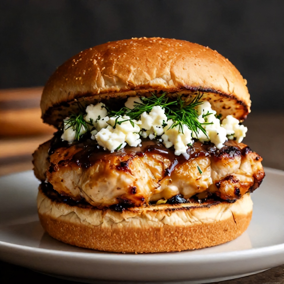 Perfectly plated chicken burger with feta and herbs. Garnished with fresh dill. Close crop. Warm side lighting. Photorealistic food photography.